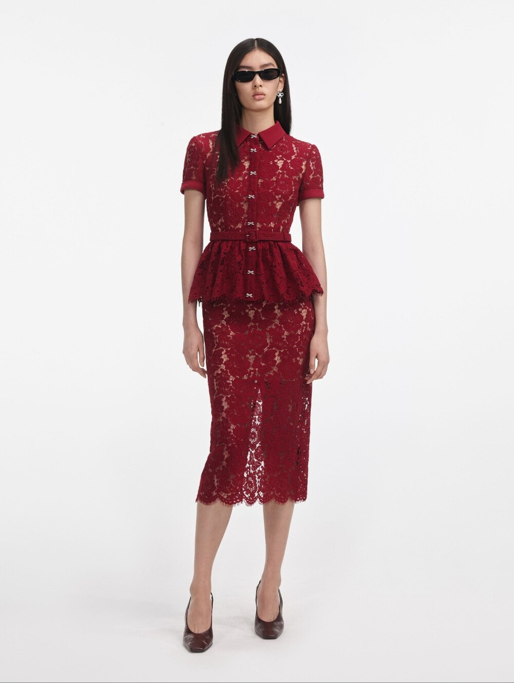 Self-portrait Burgundy Lace Peplum Midi Dress Size US 4